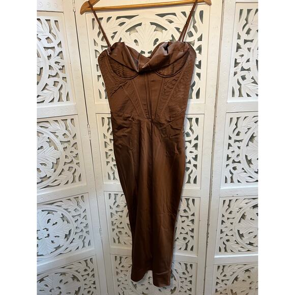 House of CB Myrna Chocolate Brown Satin Corset Dress Size S Small - Picture 4 of 9